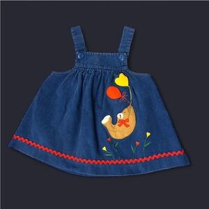 Girl’s Blue Corduroy Overall Dress w Embroidered Bear & Balloon Design - Size 2T